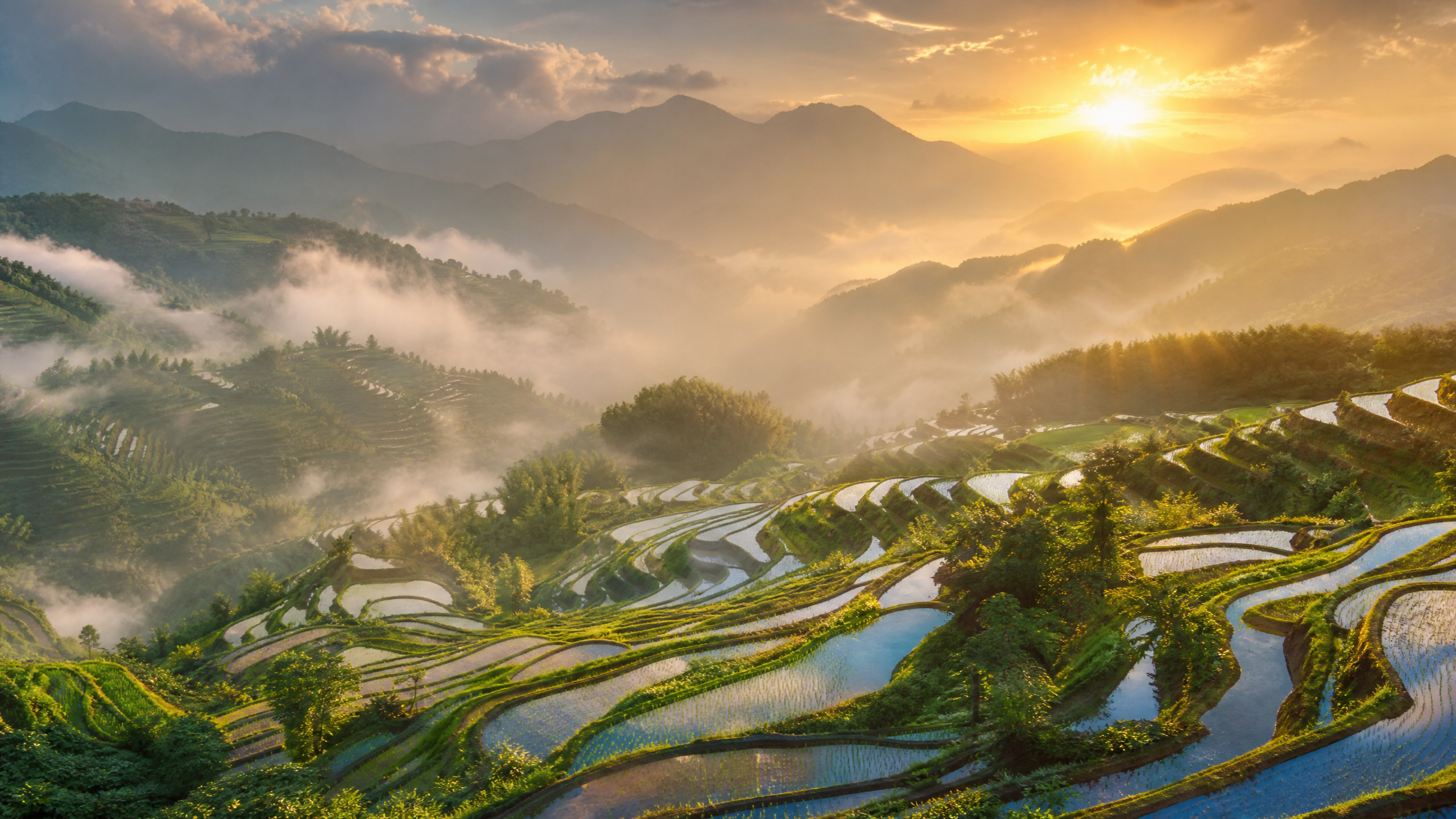 晨雾梯田与柴火饭慢视频背景